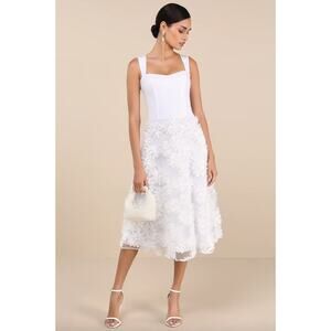 Lulus Dress Womens Large White Benedita Floral Applique Midi Sweetheart Tulle